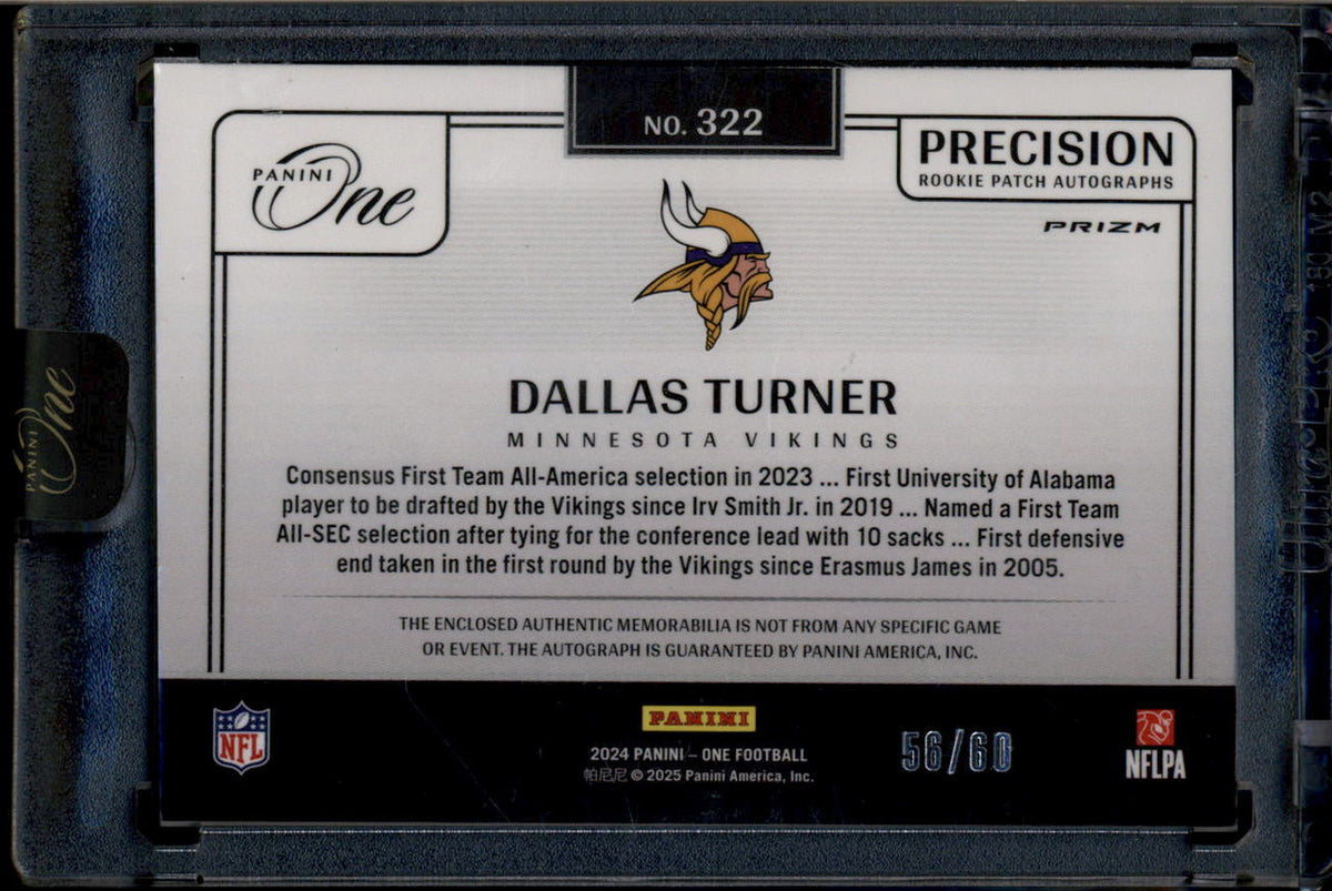 SOLD 180720 2024 Panini One Precision Rookie Autograph 322 Dallas Turner RC Patch Auto 56/60