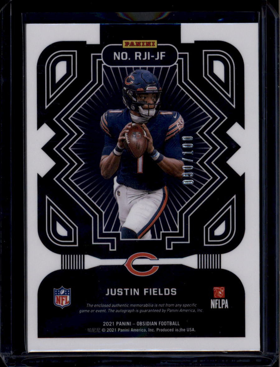2021 Panini Obsidian Rookie Jersey Ink 3 Justin Field RC Dual Jersey Auto 90/100