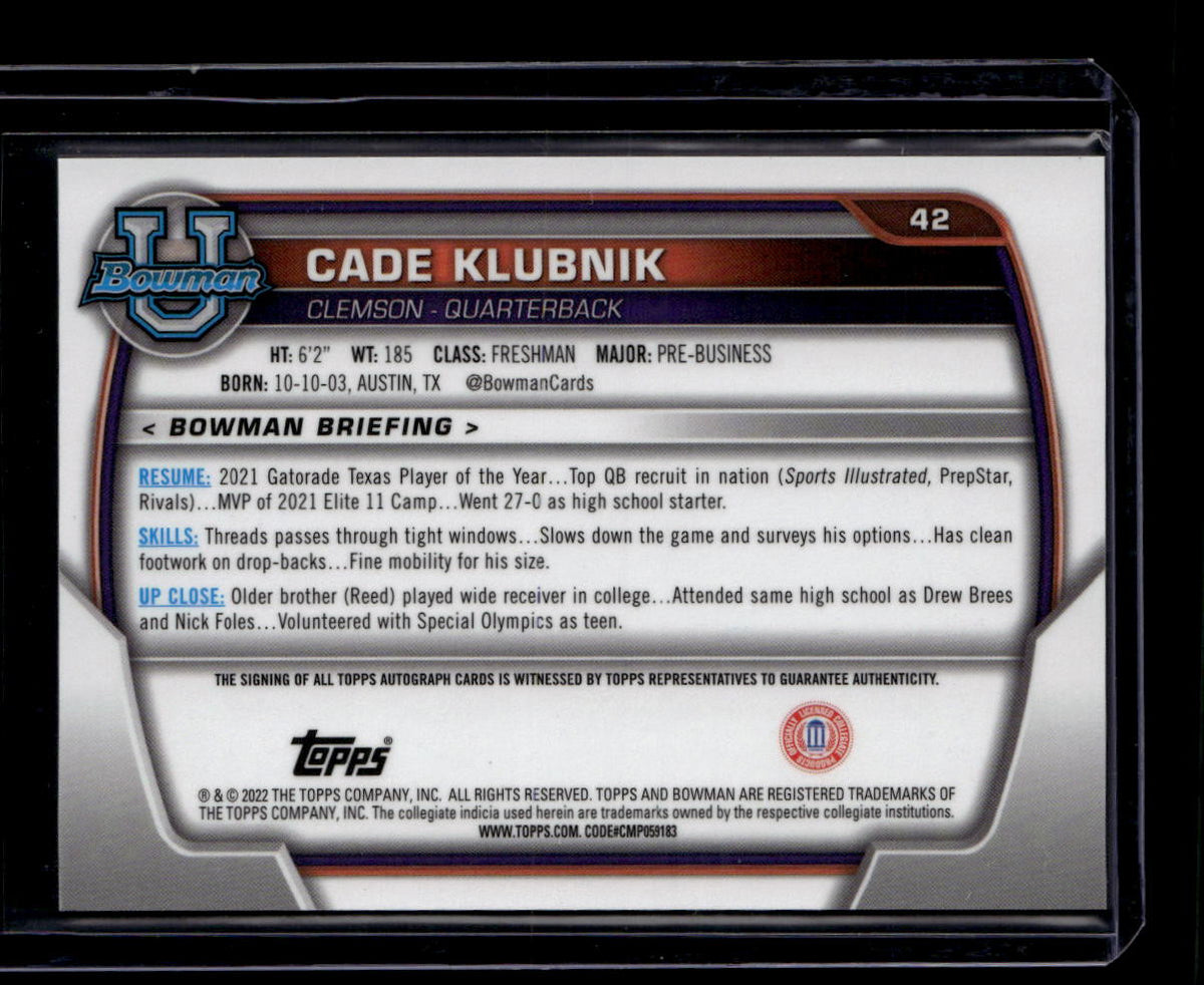 SOLD 180723 2022 Bowman Chrome University Autographs 42 Cade Klubnik Rookie Auto