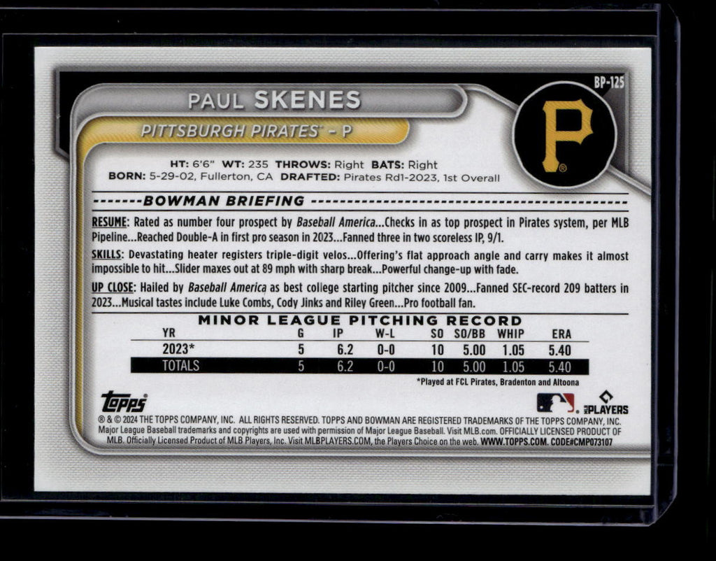 DELETE 180741 2024 Bowman Prospects Neon Green bp125 Paul Skenes Rookie 76/399