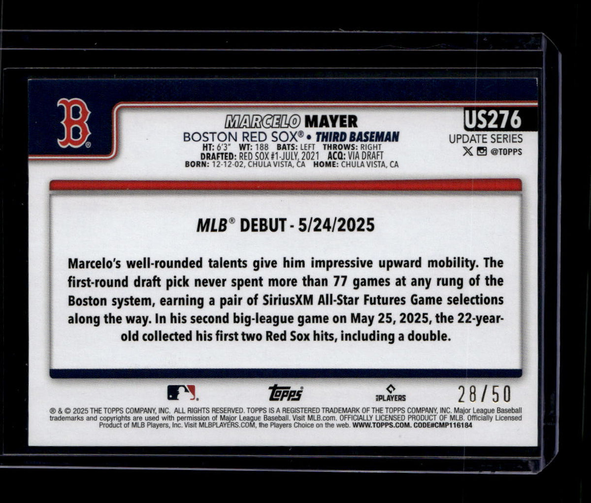 DELETE 180743 2025 Topps Update Gold Rainbow Foil us276 Marcelo Mayer RD Rookie Debut 28/50