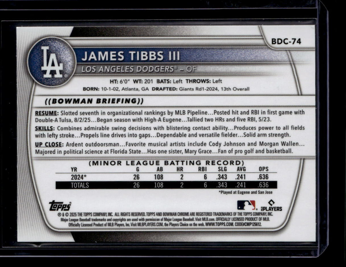 DELETE 180747 2025 Bowman Chrome Draft Sapphire Yellow Refractor bdc74 James Tibbs RC 28/75