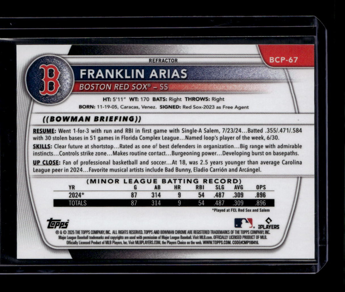 DELETE 180749 2025 Bowman Chrome Prospects Refractor bcp67 Franklin Arias Rookie 482/499