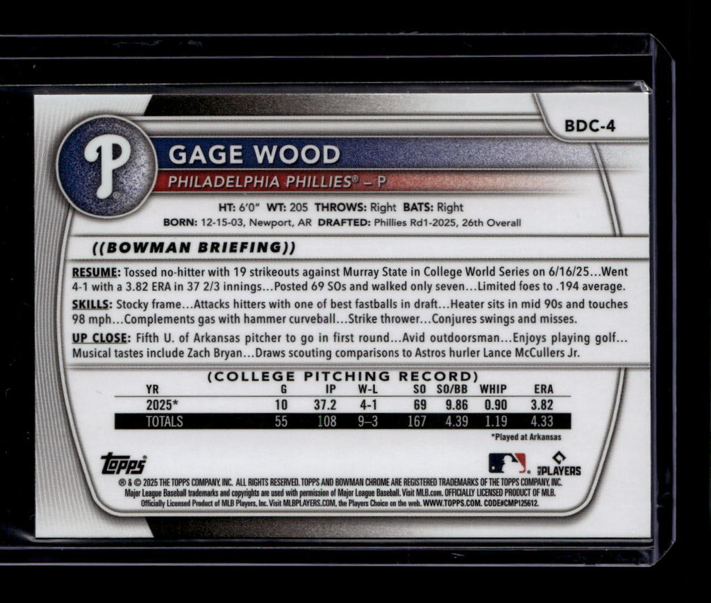 DELETE 180750 2025 Bowman Chrome Draft Blue Refractor bdc4 Gage Wood Rookie 118/150