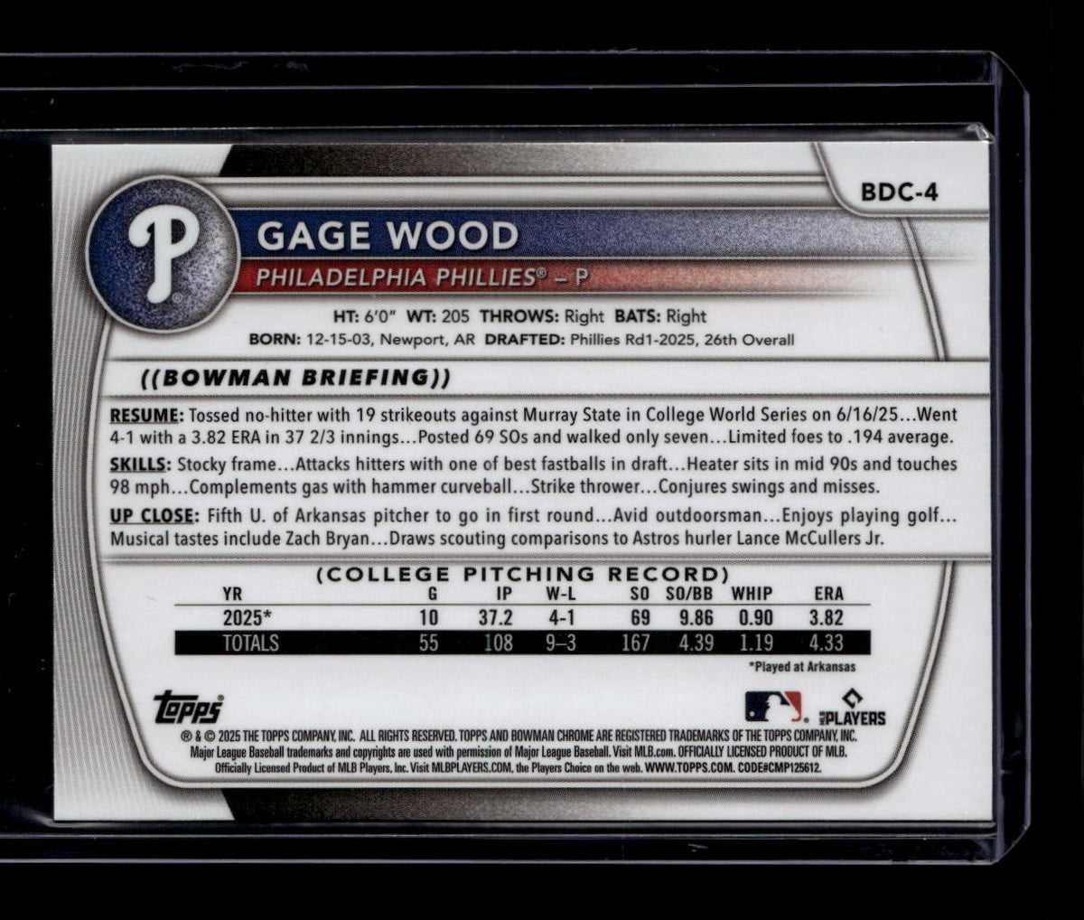 DELETE 180750 2025 Bowman Chrome Draft Blue Refractor bdc4 Gage Wood Rookie 118/150