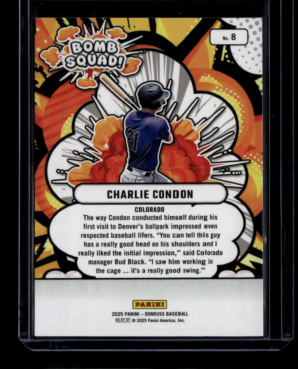 DELETE 180751 2025 Donruss Bomb Squad Purple Laser 8 Charlie Condon 1/15