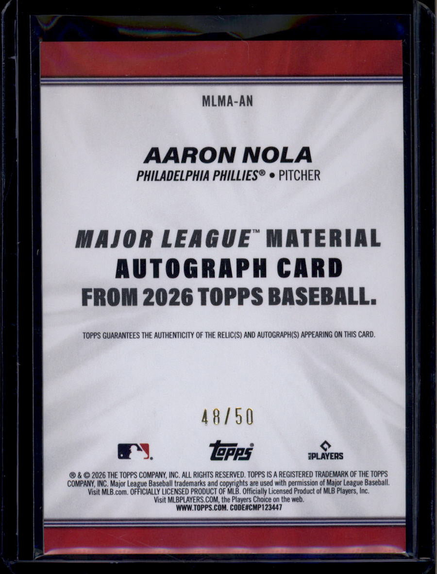 DELETE 180757 2026 Topps Major League Materials Autographs Gold Aaron Nola Jersey Auto 48/50