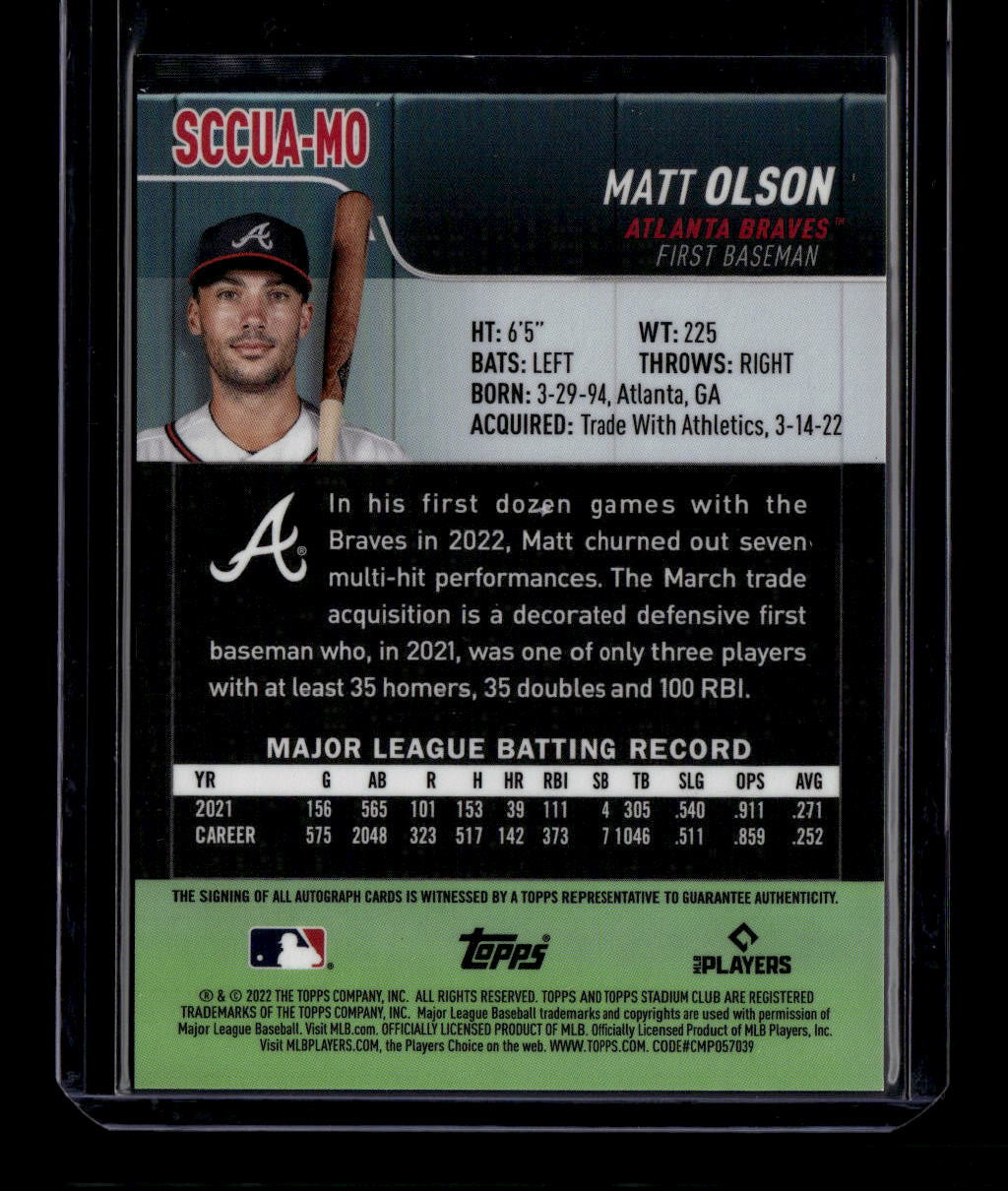 DELETE 180763 2022 Stadium Club Chrome Autographs SCCUAMO Matt Olson Auto