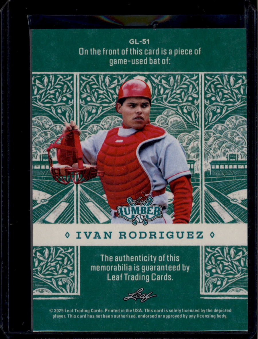 DELETE 180777 2025 Leaf Lumber Game Used Lumber Red gu51 Ivan Rodriguez Bat 1/4