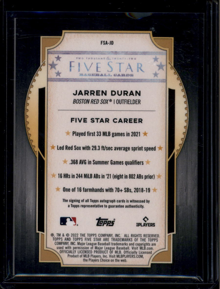 DELETE 180779 2022 Topps Five Star Autographs FSAJD Jarren Duran Rookie Auto