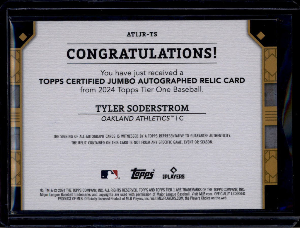 DELETE 180782 2024 Topps Tier One Jumbo Relic Autographs Tyler Soderstrom RC Jersey Auto 37/75