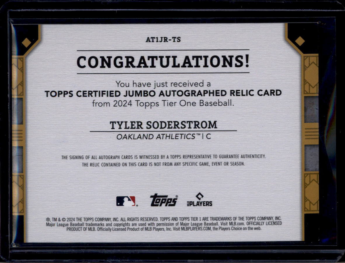 DELETE 180782 2024 Topps Tier One Jumbo Relic Autographs Tyler Soderstrom RC Jersey Auto 37/75