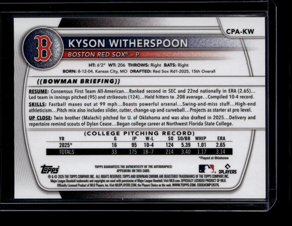 DELETE 180787 2025 Bowman Chrome Draft Autographs CPAKW Kyson Witherspoon Rookie Auto