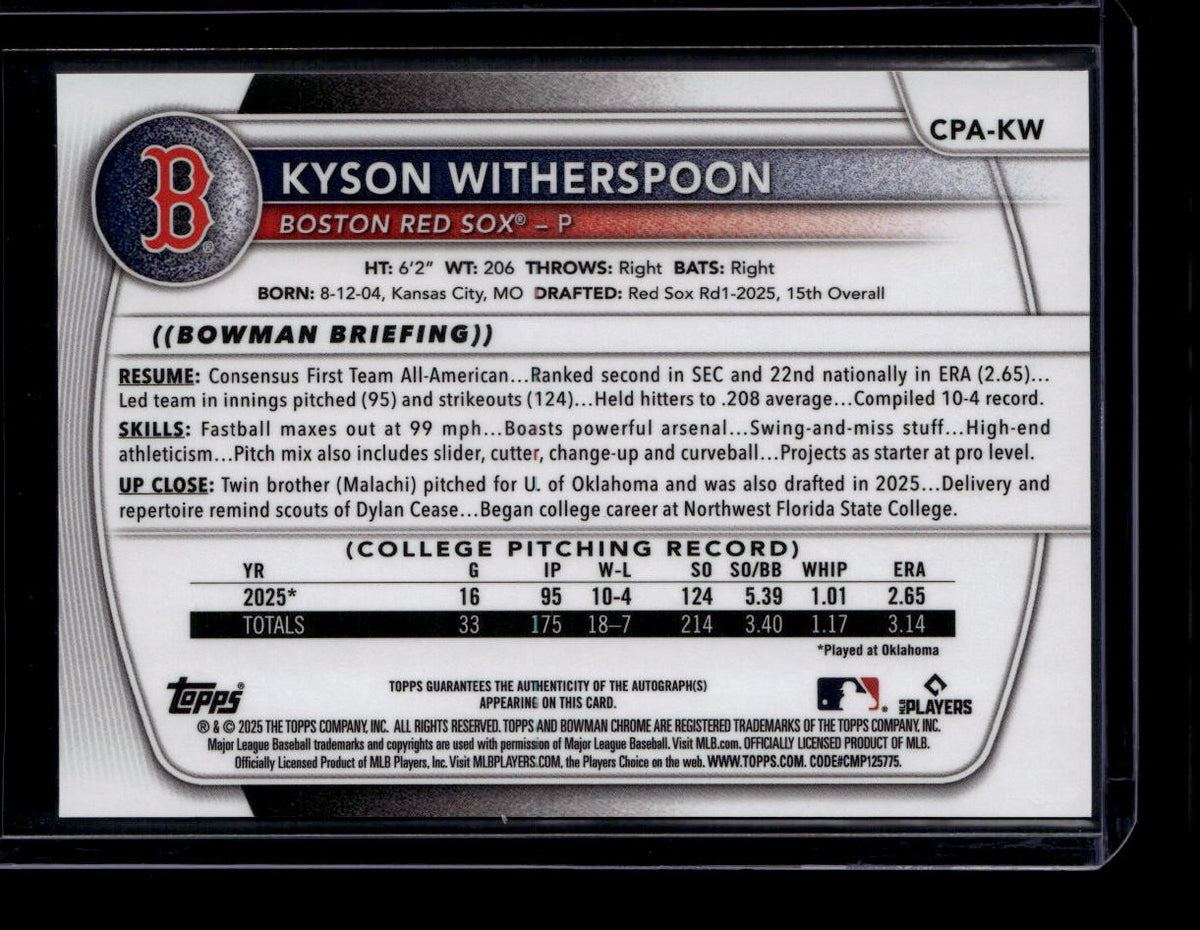 DELETE 180787 2025 Bowman Chrome Draft Autographs CPAKW Kyson Witherspoon Rookie Auto