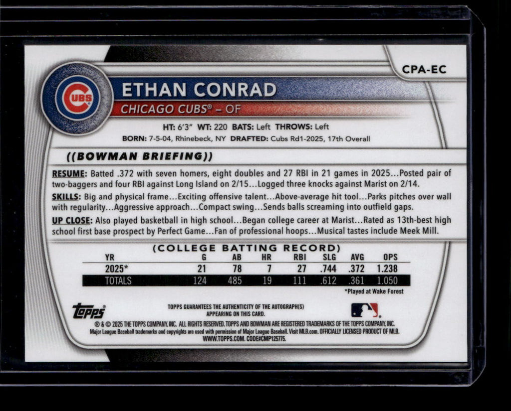DELETE 180788 2025 Bowman Chrome Draft Autographs CPAEC Ethan Conrad Rookie Auto