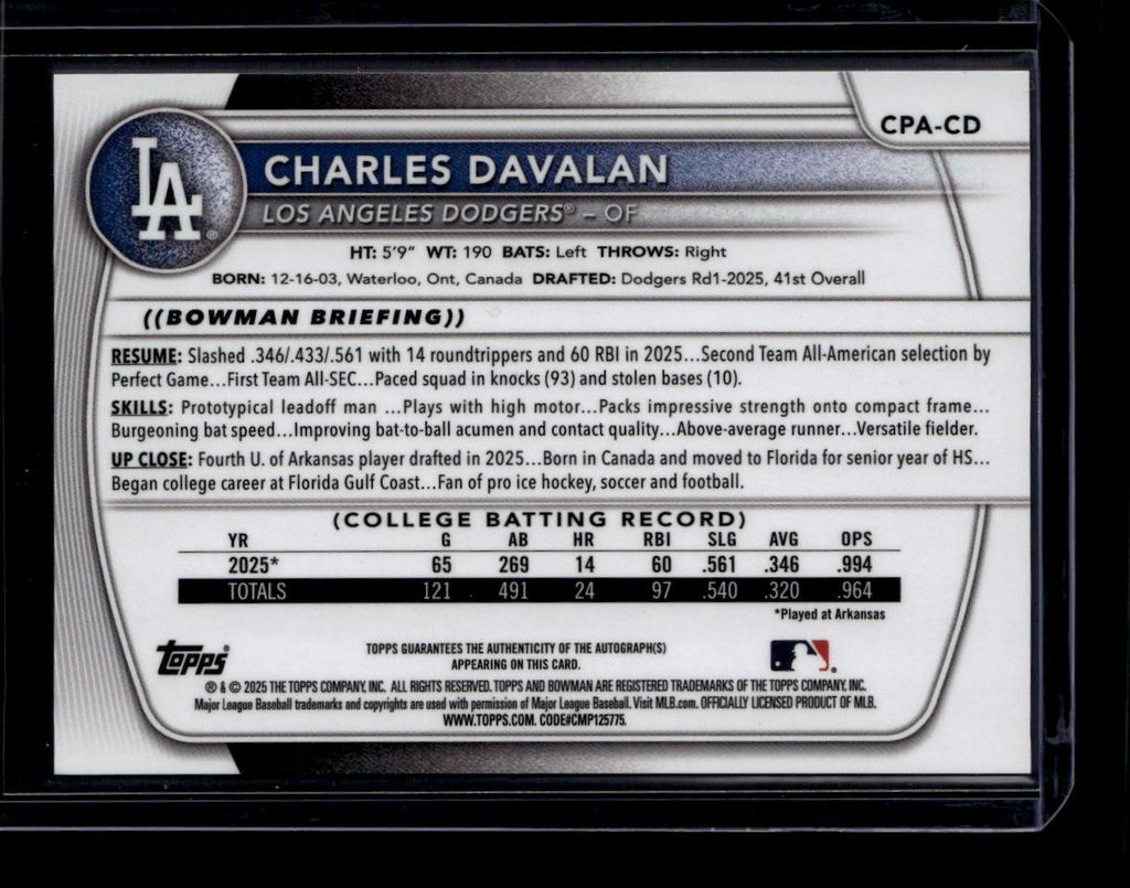 DELETE 180789 2025 Bowman Chrome Draft Autographs CPACD Charles Davalan Rookie Auto