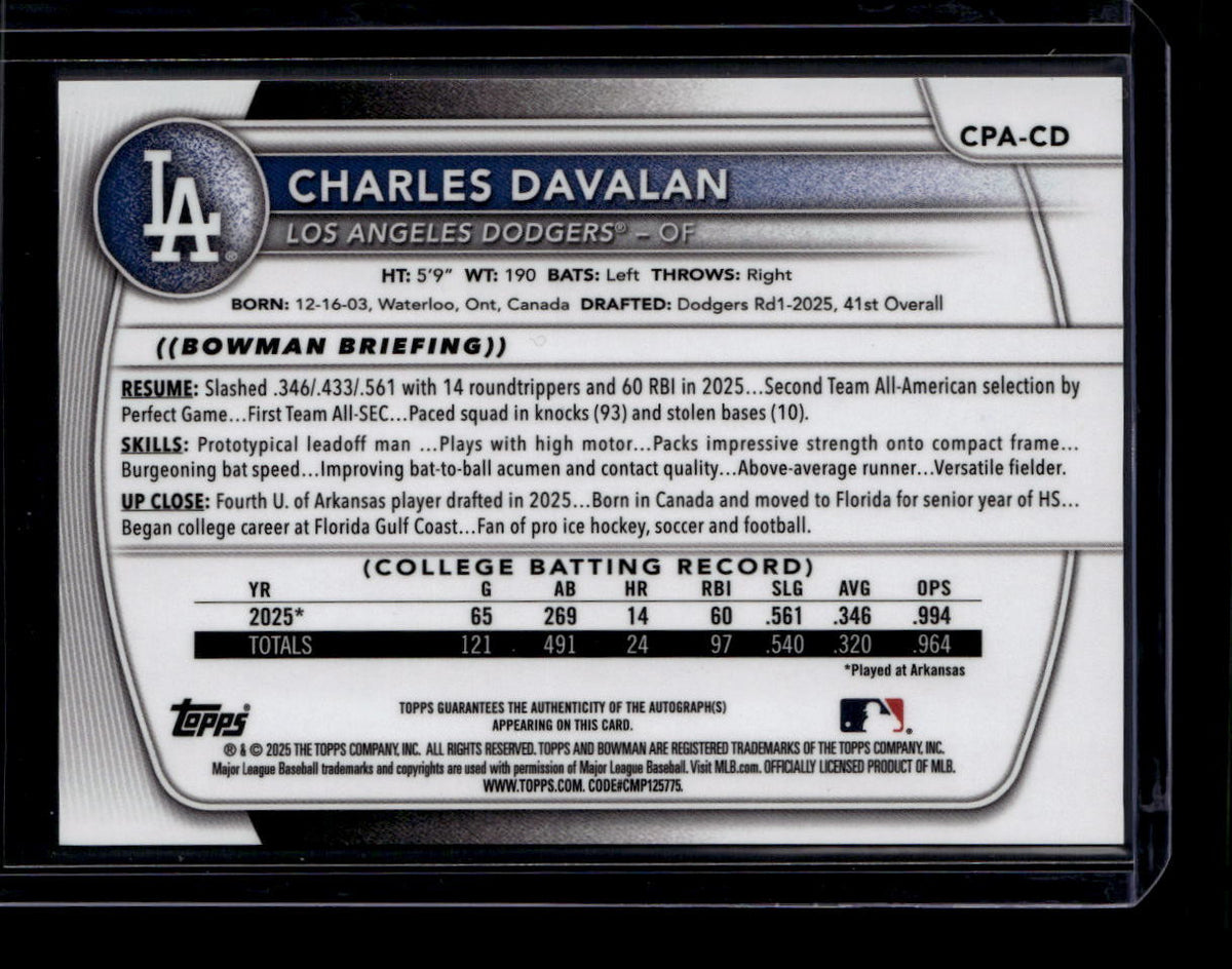 DELETE 180789 2025 Bowman Chrome Draft Autographs CPACD Charles Davalan Rookie Auto