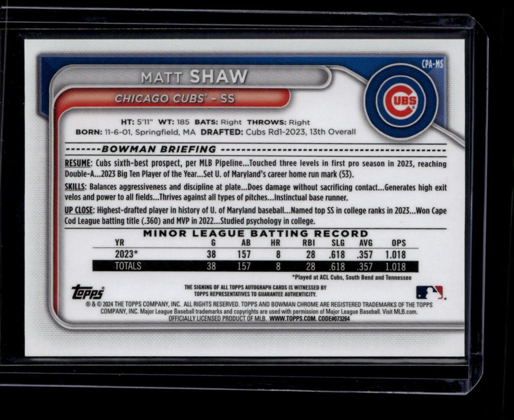 DELETE 180791 2024 Bowman Chrome Autographs Green Grass Refractor Matt Shaw Rookie Auto 3/99