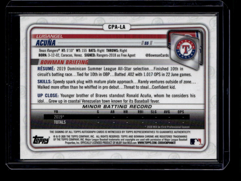 DELETE 180794 2020 Bowman Chrome Autographs Purple Refractor Luisangel Acuna RC Auto 96/250