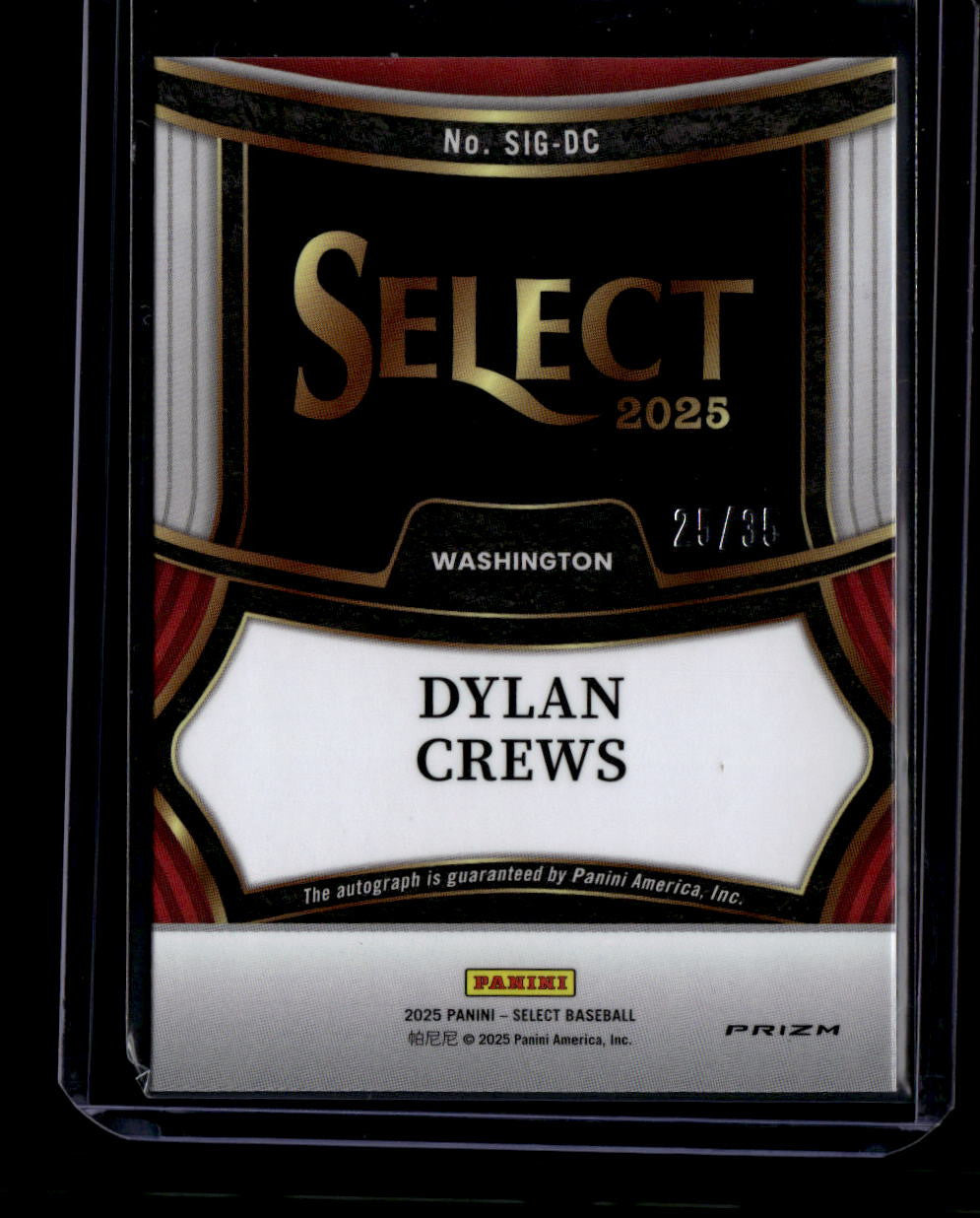DELETE 180796 2025 Select Signatures Purple Prizms 16 Dylan Crews Rookie Auto 25/35