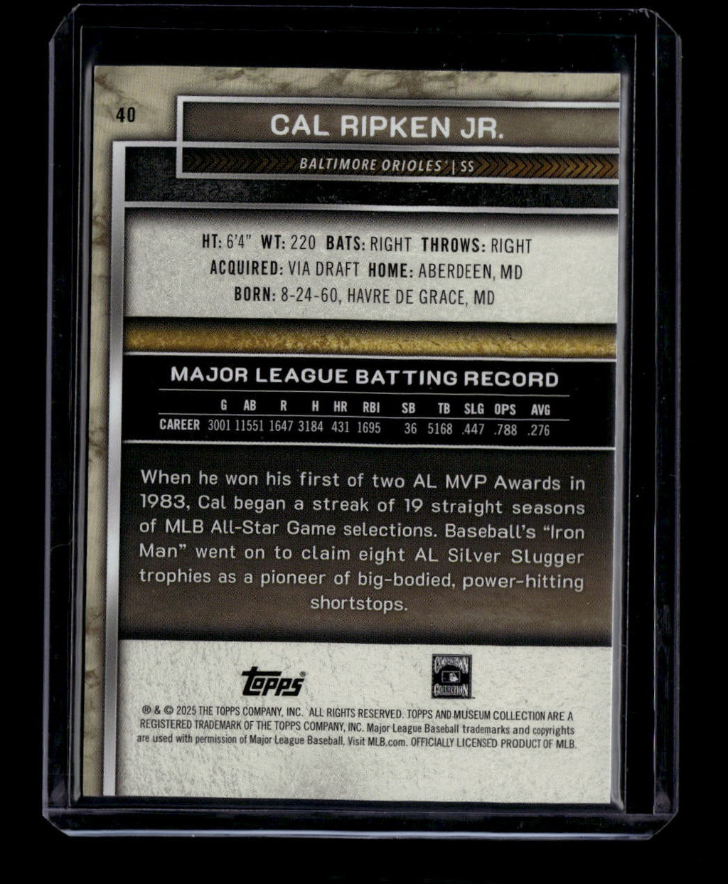 DELETE 180800 2025 Topps Museum Collection Blue Topaz 40 Cal Ripken Jr. 7/25