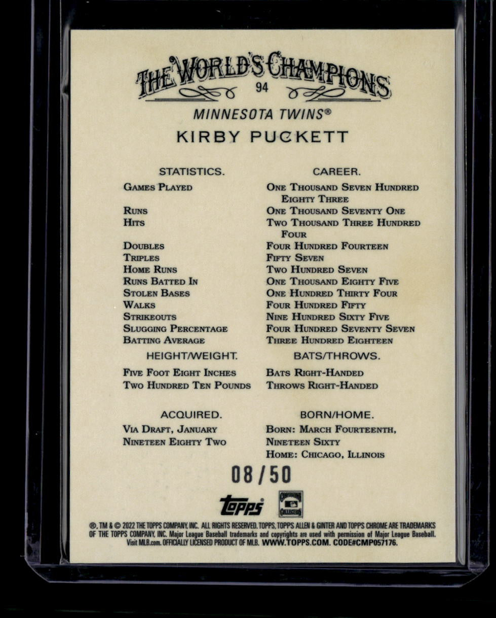 DELETE 180803 2022 Topps Allen and Ginter Chrome Gold Refractor 94 Kirby Puckett 8/50