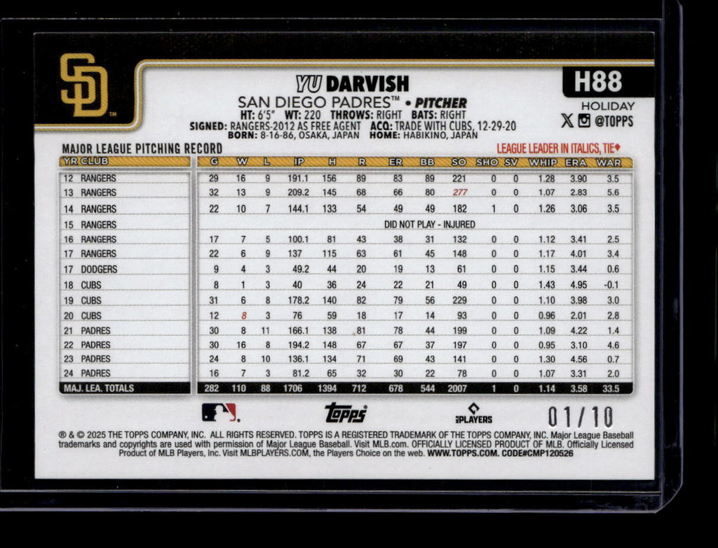 DELETE 180815 2025 Topps Holiday Metallic Red Lights h88 Yu Darvish 1/10
