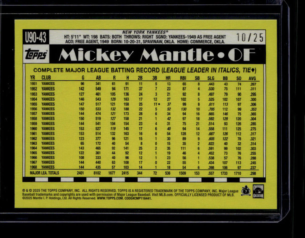DELETE 180821 2025 Topps Update '90 Topps Orange u9043 Mickey Mantle 10/25