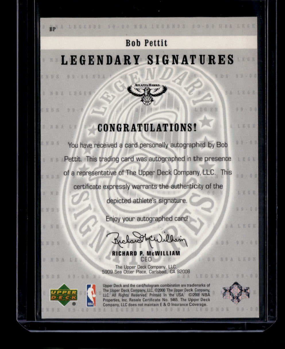 DELETE 180826 2000 Upper Deck Century Legends Legendary Signatures BP Bob Pettit Auto