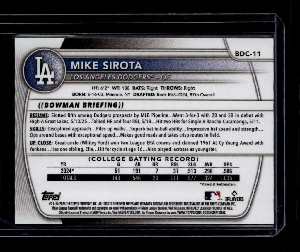 DELETE 180895 2025 Bowman Chrome Draft Sapphire Orange Refractor bdc11 Mike Sirota Rookie 4/25