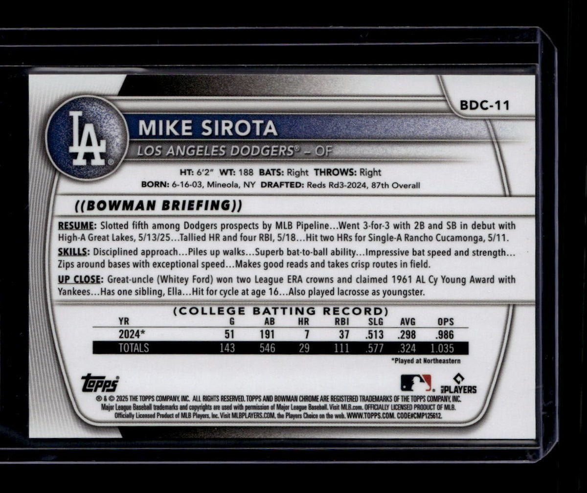DELETE 180895 2025 Bowman Chrome Draft Sapphire Orange Refractor bdc11 Mike Sirota Rookie 4/25