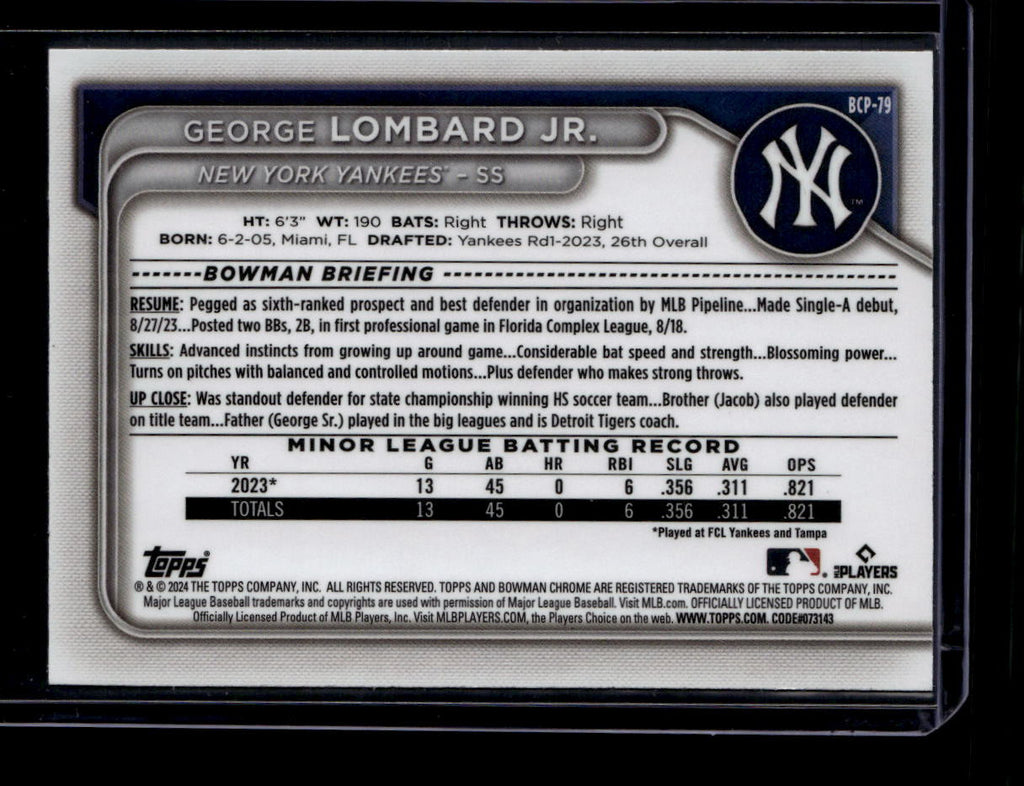 DELETE 180899 2024 Bowman Chrome Prospects Mini-Diamond Refractor bcp79 George Lombard Jr. RC