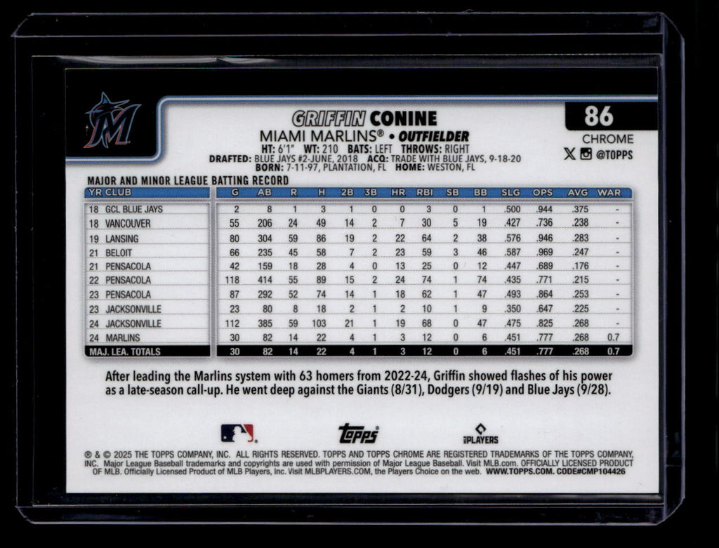 DELETE 180900 2025 Topps Chrome Logofractor Black Refractor 86 Griffin Conine Rookie 7/10