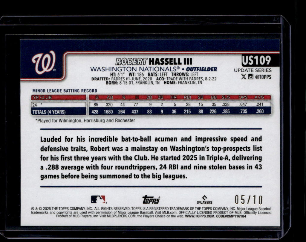 DELETE 180902 2025 Topps Update Black Rainbow Foil us109 Robert Hassell Rookie 5/10