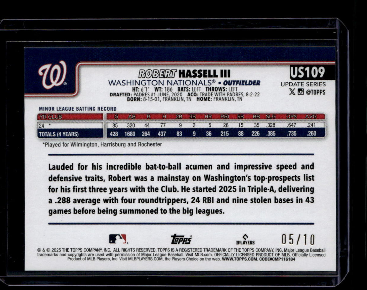 DELETE 180902 2025 Topps Update Black Rainbow Foil us109 Robert Hassell Rookie 5/10