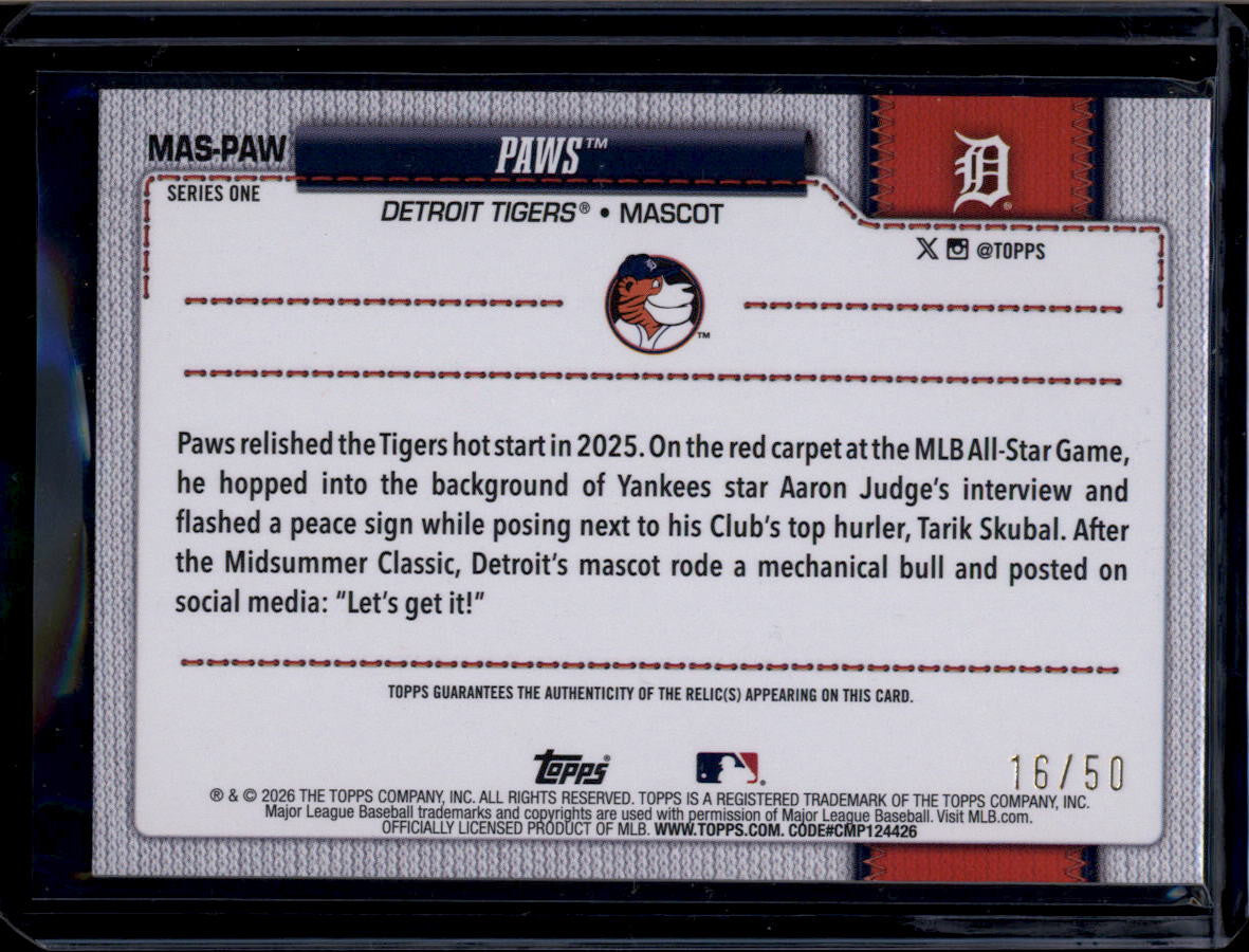 DELETE 180922 2026 Topps Celebration Mascot Relics Gold MASPAW Paws Relic Jersey 16/50