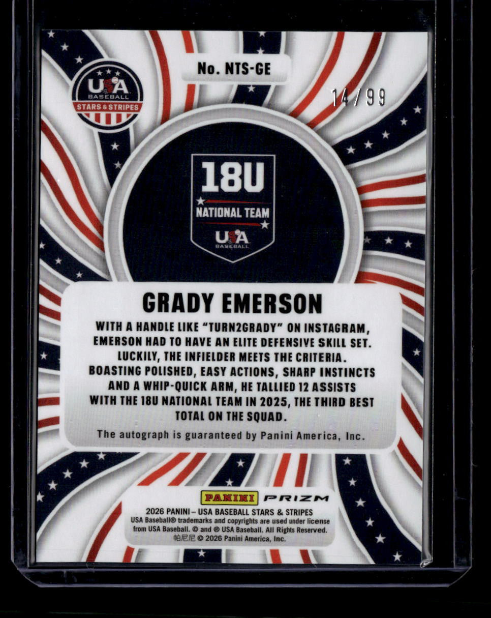 DELETE 180924 2026 USA Stars Stripes Prizm National Team Signatures Grady Emerson RC Auto /99
