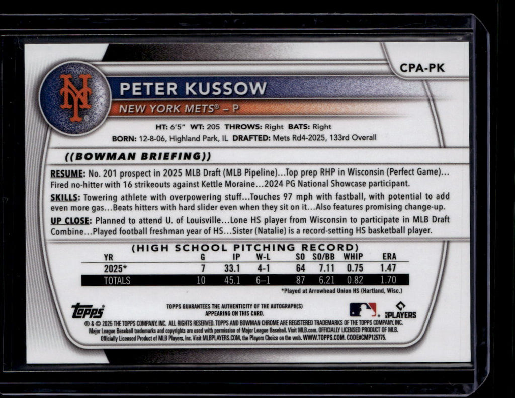 DELETE 180927 2025 Bowman Chrome Autographs Green Refractor Peter Kussow Rookie Auto 60/99
