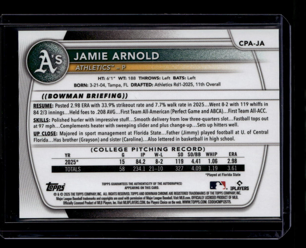 DELETE 180929 2025 Bowman Chrome Draft Autographs CPAJA Jamie Arnold Rookie Auto