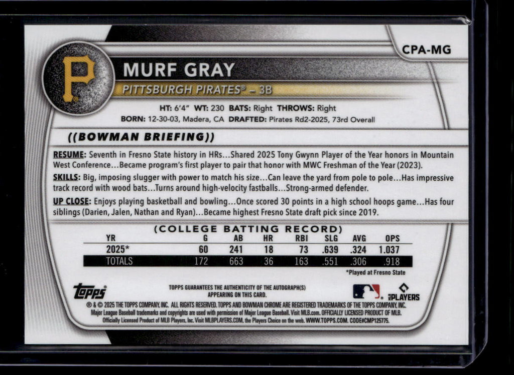 DELETE 180931 2025 Bowman Chrome Draft Autographs CPAMG Murf Gray Rookie Auto 160120