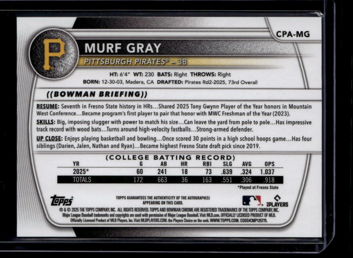 DELETE 180931 2025 Bowman Chrome Draft Autographs CPAMG Murf Gray Rookie Auto 160120