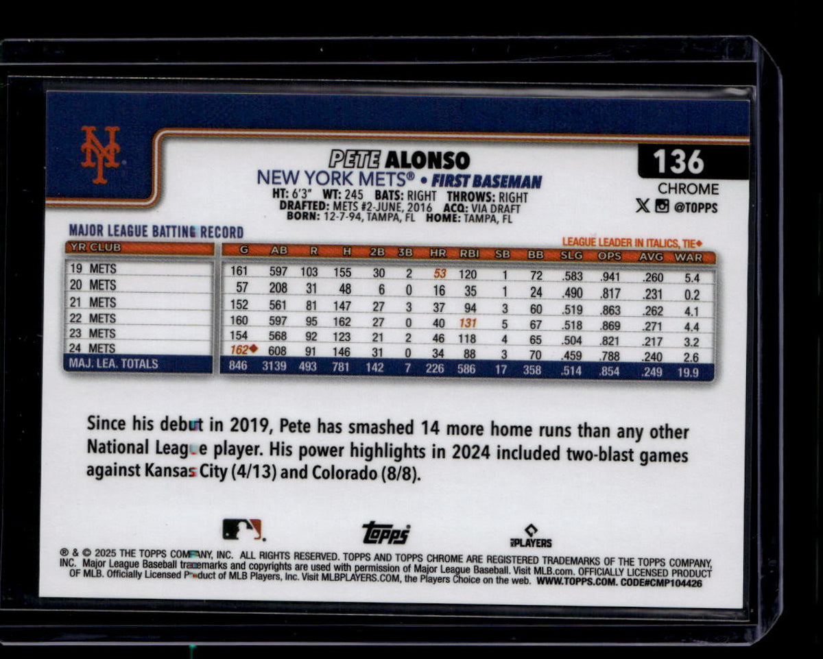 DELETE 180946 2025 Topps Chrome Black Refractor 136 Pete Alonso 2/10