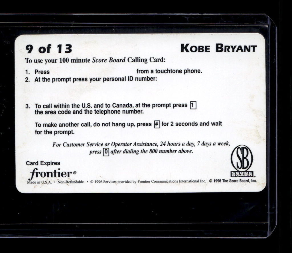 DELETE 180949 1996 Score Board Frontier Phone Cards 9 Kobe Bryant $100 Rookie