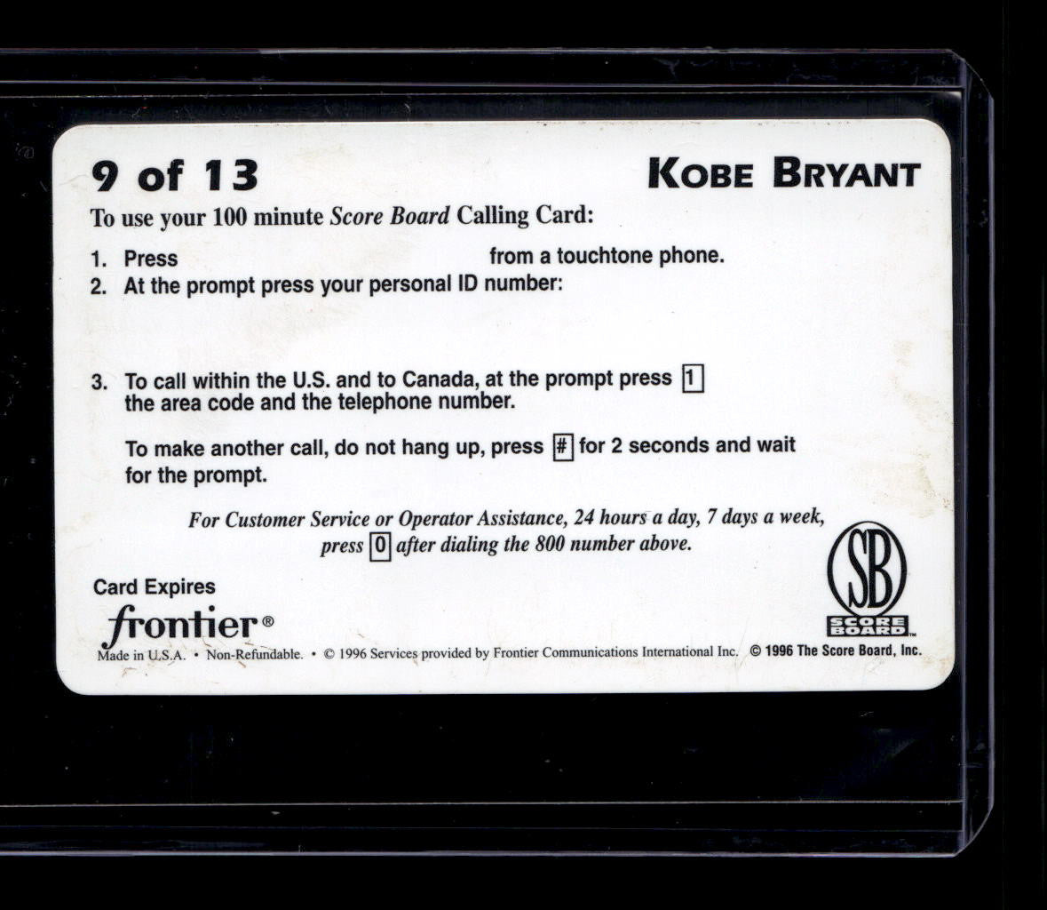 DELETE 180949 1996 Score Board Frontier Phone Cards 9 Kobe Bryant $100 Rookie