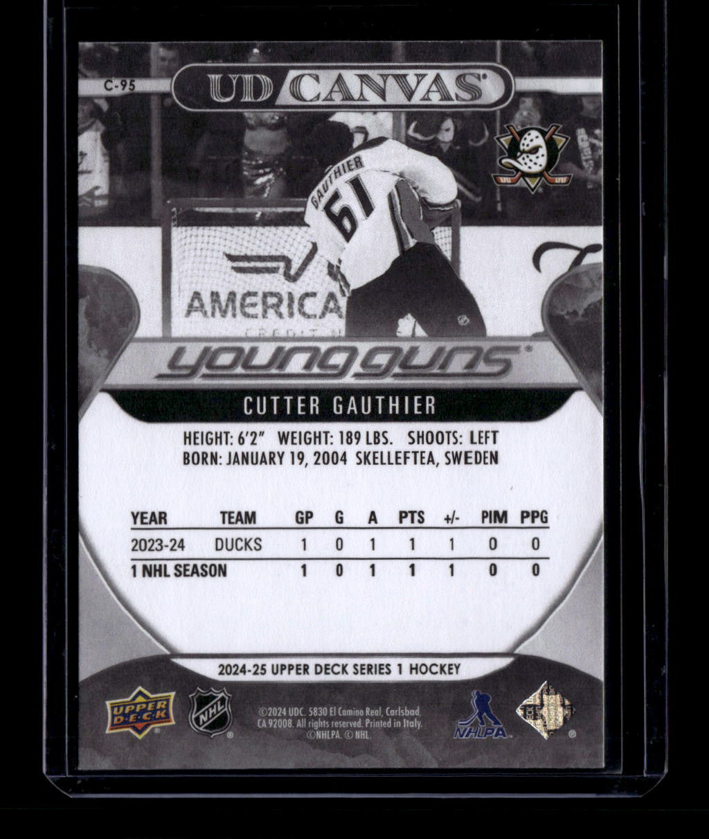 DELETE 180982 2024-25 Upper Deck Canvas Black White c95 Cutter Gauthier Rookie YG Young Guns