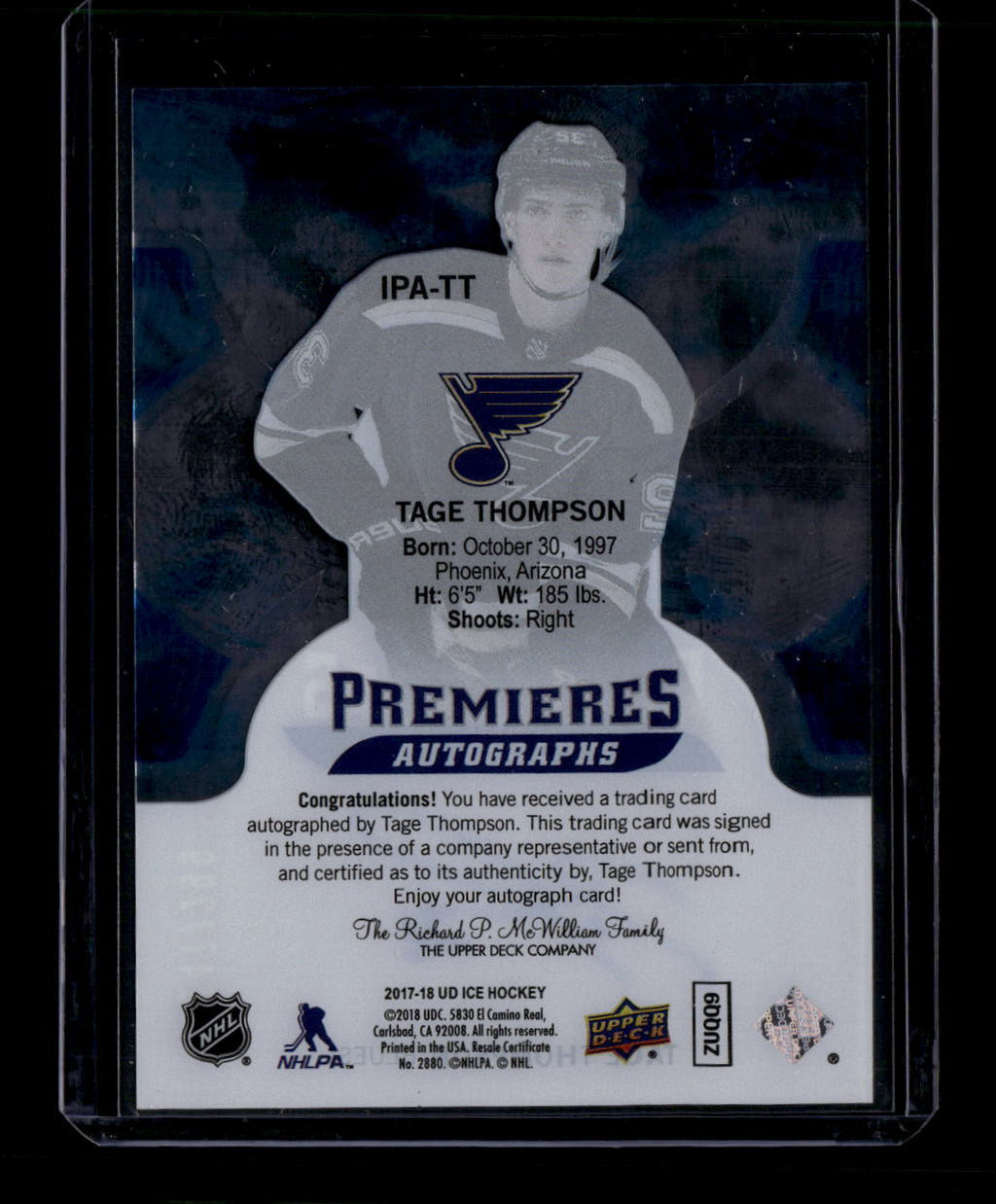DELETE 180986 2017-18 Upper Deck Ice Premieres Autographs IPATT Tage Thompson RC Auto 247/299