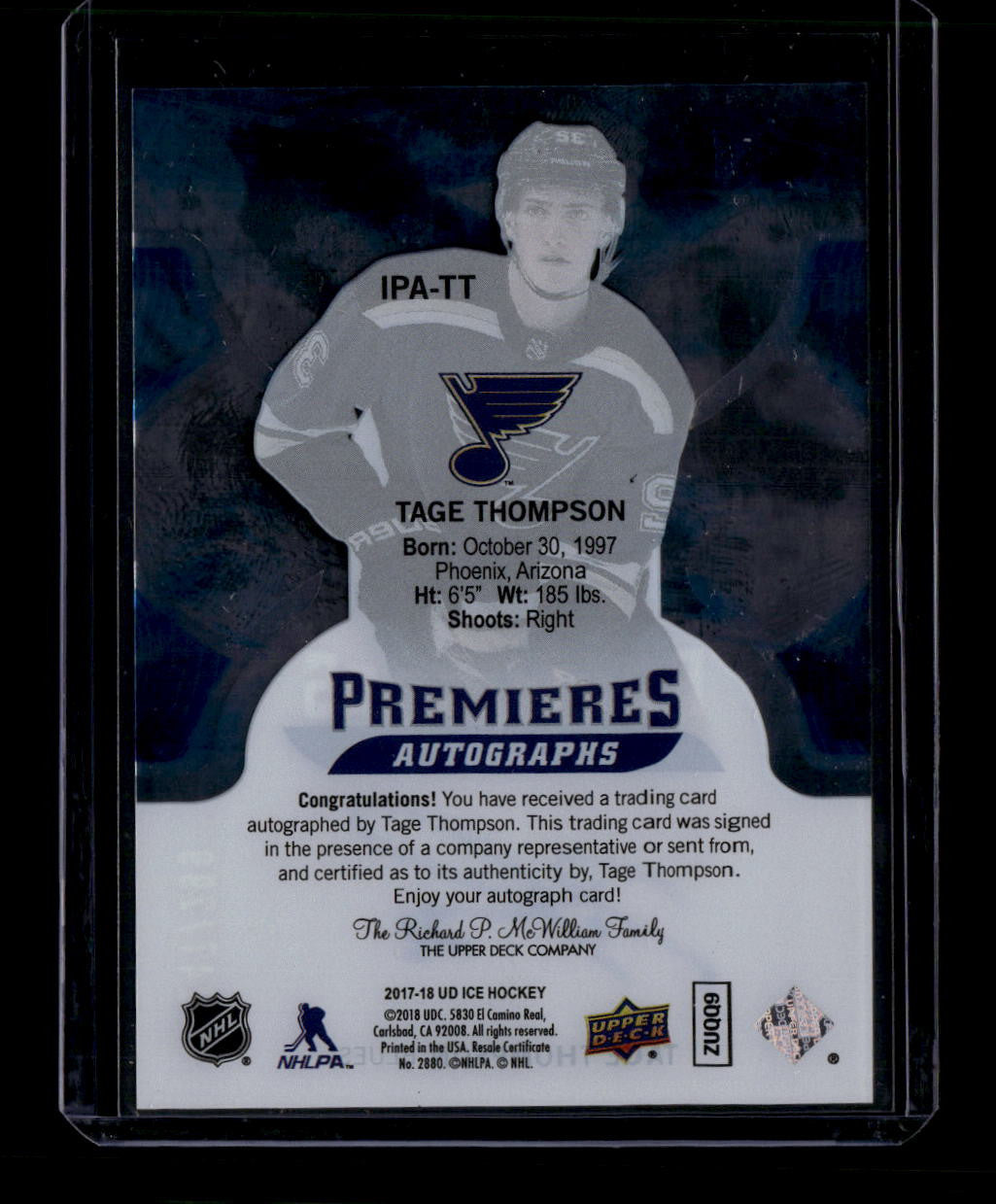 DELETE 180986 2017-18 Upper Deck Ice Premieres Autographs IPATT Tage Thompson RC Auto 247/299