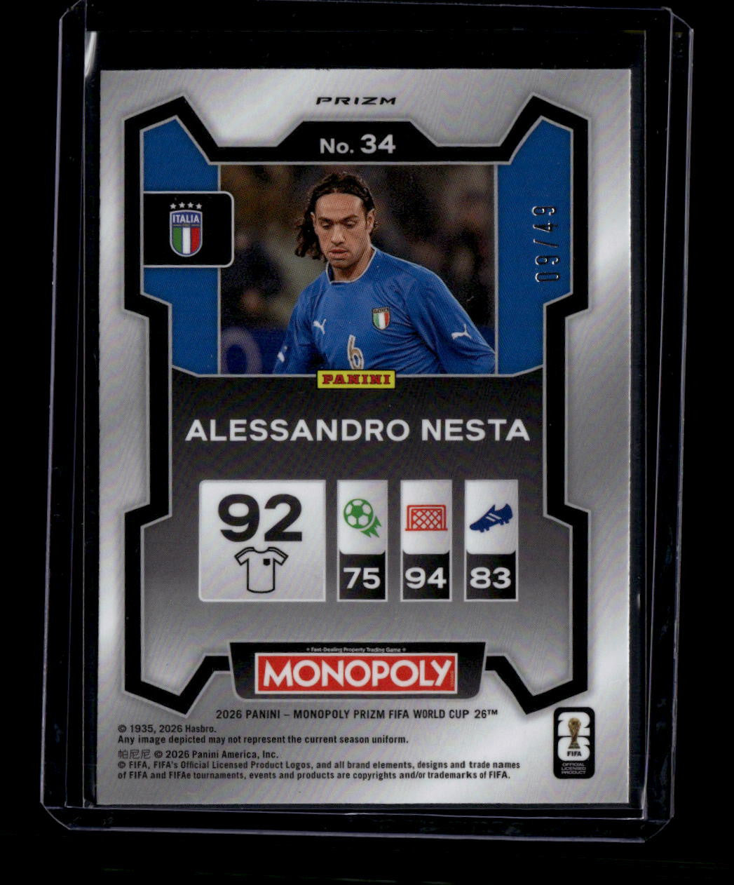 DELETE 180987 2026 Panini Prizm Monopoly World Cup Gold Prizms 34 Alessandro Nesta 9/49