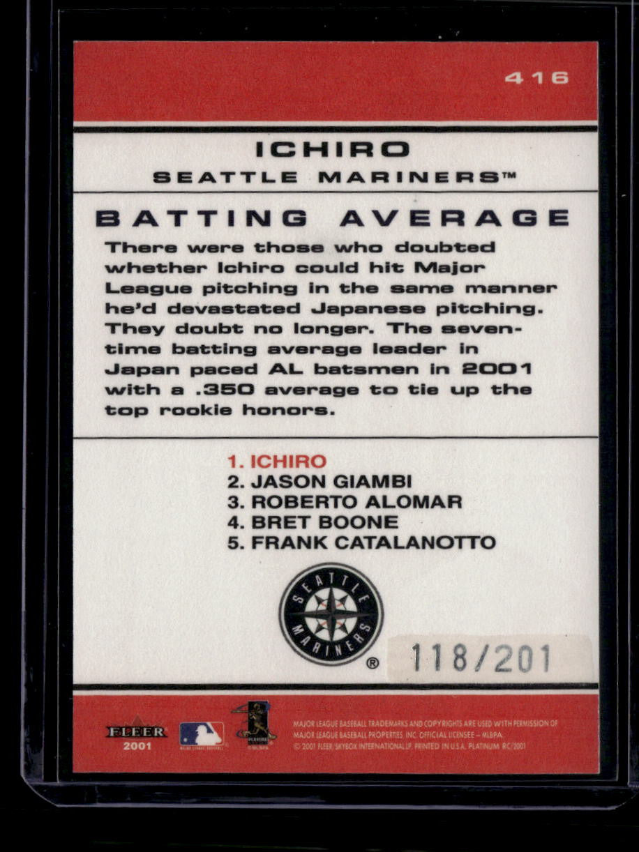 DELETE 181000 2001 Fleer Platinum Parallel 416 Ichiro Suzuki CT Rookie 118/201 Chart Toppers