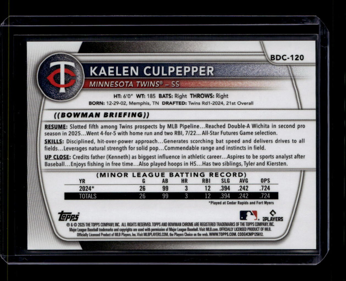 DELETE 181002 2025 Bowman Chrome Draft Sapphire Black Refractor Kaelen Culpepper Rookie 2/10